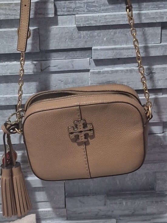 Tory Burch Handbags - Tory Burch Beige/Tan Pebbled Leather Crossbody with Tassel